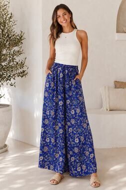 Janasya Blue Paisley Wide Leg Pull On Pants Womens XL Casual Boho Spring Comfort